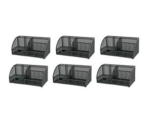 Osco Large Wiremesh Desk Organiser, Metal Mesh Pen Pot Desk Tidy with 7 Compartments & Single Drawer, Desktop Stationery Storage for Office & Home, 6 Pack, Graphite