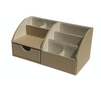 OSCO Light Taupe Faux Leather Desk Organiser with Drawer | Desk Tidy | Pen Holder | Makeup Container | Pencil Storage | 8 Compartments | Stationery Caddy | H14 x W29 x D14.5 cm |