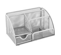 OSCO Silver Wiremesh Desk Organiser with Drawer | Desk Tidy | Pen Holder | Makeup Container | Pencil Storage | 6 Compartments | Stationery Caddy | H13 x W22 x D14 cm |