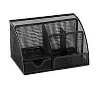 OSCO Black Wiremesh Desk Organiser with Drawer | Desk Tidy | Pen Holder | Makeup Container | Pencil Storage | 6 Compartments | Stationery Caddy | H13 x W22 x D14 cm |