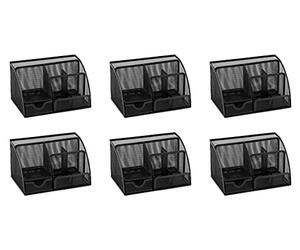 Osco Small Wiremesh Desk Organiser, Metal Mesh Pen Pot Desk Tidy with 6 Compartments & Single Drawer, Desktop Stationery Storage for Office & Home, Black