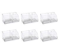 OSCO Transparent Acrylic Desk Tidy Pen Pot, 7 Section Organiser with Pull-Out Drawer for Stationery, Cosmetics & Home Office Supplies, H12×W25×D13 cm, 6 Pack, Clear