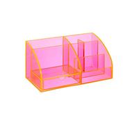 OSCO Transparent Acrylic Desk Tidy Pen Pot, 7 Section Organiser with Pull-Out Drawer for Stationery, Cosmetics & Home Office Supplies, H12×W25×D13 cm, Neon