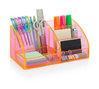 OSCO Transparent Acrylic Desk Tidy Pen Pot, 7 Section Organiser with Pull-Out Drawer for Stationery, Cosmetics & Home Office Supplies, H12×W25×D13 cm, Neon