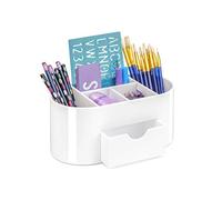 OSCO High Gloss Plastic Desk Organiser with Drawer | Desk Tidy | Pen Holder | Makeup Container | Pencil Storage | 6 Compartments | Cosmetic Display | Stationery Caddy | H10.5 x W23 x D12 cm |