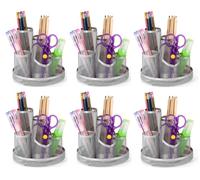 Osco Wire Mesh 5-Tube Pen Pot Desk Tidy, 6 Pack, Stationery Organiser for Pens, Pencils, Scissors, Makeup Brushes and Accessories, Compact Storage for Office & Home Desks, Silver, 15.5 × 15.5 × 14 cm