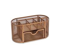 OSCO Wire-Mesh Desk Organiser with Drawer - 8 Compartment Metal Mesh Desk Tidy & Office Storage Pen Holder for Home, Office, Study, Rulers, Scissors, Smartphone - Rosegold