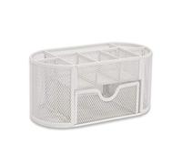 OSCO Wire-Mesh Desk Organiser with Drawer - 8 Compartment Metal Mesh Desk Tidy & Office Storage Pen Holder for Home, Office, Study, Rulers, Scissors, Smartphone - White
