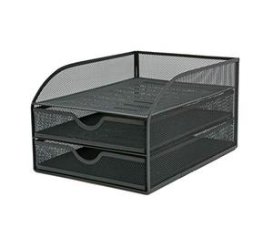 OSCO Wiremesh 2 Drawer A4 Desktop Paper Sorter with Letter Tray, Metal Mesh Document File Holder & Desk Organiser, Home Office Desk Tidy, Compact Document Storage, Graphite (H18.5 × W25 × D34cm)