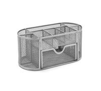 OSCO Wiremesh Desk Organiser with Drawer, 8-Compartment Metal Desk Tidy and Pen Holder for Home, Office or Study, Stores Rulers, Scissors and Smartphone, Silver