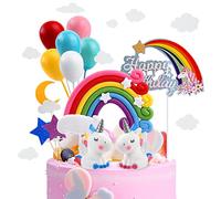 OSDUE 21PCS Unicorn Cake Toppers, Rainbow Party Decorations, Kit Cloud Rainbow Balloon Happy Birthday Banner Cake Decors, for Kids Boy Girl, Birthday Shower Party Supplies
