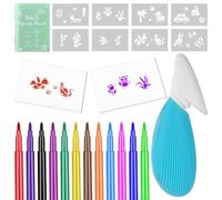 OSDUE Blow Airbrush Pens, Water Colour Spray Pen with 12 Felt Tip Pens & 8 Stencils, Non Toxic Washable Watercolour Paints Pens Set Art Crafts Gift for Painting & Drawing
