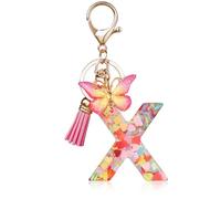 OSDUE Fashion Alphabet Initial Letter Keychain, Women Tassel Butterfly Pink Purple Cute Car Keyrin, Pink and Gold Resin Alphabet Keychain, Tassel Butterfly Pendant Key Ring for Wallet (J)