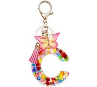 OSDUE Fashion Alphabet Initial Letter Keychain, Women Tassel Butterfly Pink Purple Cute Car Keyrin, Pink and Gold Resin Alphabet Keychain, Tassel Butterfly Pendant Key Ring for Wallet (C)
