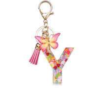 OSDUE Fashion Alphabet Initial Letter Keychain, Women Tassel Butterfly Pink Purple Cute Car Keyrin, Pink and Gold Resin Alphabet Keychain, Tassel Butterfly Pendant Key Ring for Wallet (J)