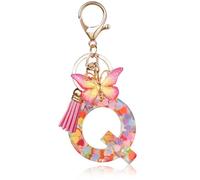OSDUE Fashion Alphabet Initial Letter Keychain, Women Tassel Butterfly Pink Purple Cute Car Keyrin, Pink and Gold Resin Alphabet Keychain, Tassel Butterfly Pendant Key Ring for Wallet (J)
