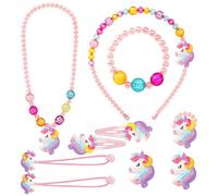 OSDUE Girls Jewelry Set, 10 Pcs Unicorn Necklace Earring Bracelet Ring Set for Little Girl, Princess Dress Up Jewelry Party for Toddler Little Girl Play Party Favors, Birthday Gift