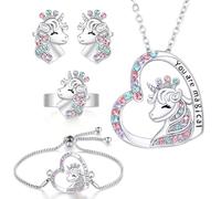 OSDUE Girls Jewelry Set, 5 Pcs Unicorn Necklace Earring Bracelet Ring Set for Little Girl, Princess Dress Up Jewelry Party for Toddler Little Girl Play Party Favors, Birthday Gift, Silver