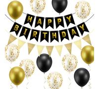 OSDUE Happy Birthday Banner, 16 Pcs 12in Black Gold Balloons Birthday Decorations with 3 Ribbons for Women Girls and Boys Happy Birthday Party Decoration