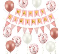 OSDUE Happy Birthday Banner, 16 Pcs 12in Rose Gold Balloons Birthday Decorations with 3 Ribbons for Women Girls and Boys Happy Birthday Party Decoration