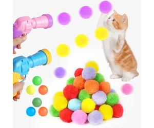 OSDUE Interactive Cat Ball Launcher with 100pcs Soft Pom Pom Balls, Cats Balls Toys with 2 Launcher Funny Interactive Chasing Cats Toys Cat Ball Gun for Indoor Training Exercise Playing