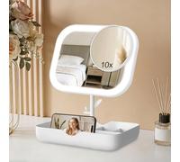 OSDUE Makeup Vanity Mirror with Lights, Rechargeable Makeup Mirror with Detachable 10X Magnifying, 28 Led Lights 360° Rotation 3 Color Lighting Adjustable Touch Screen Portable Cosmetic Mirror(White)