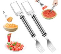 OSDUE Stainless Steel Fruit Slicer, 2 pcs 2 in 1 Watermelon Cutter Slicer Portable Dual Head Watermelon Fork Cutter Tool Cutting Fruit Cutter for Camping Kitchen Summer Family Party