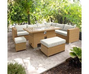 Oseasons Buxton Rattan 9 Seat Rising Firepit Corner Set in Mixed Brown in Light Brown Oseasons Light Brown