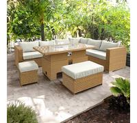 Oseasons Buxton Rattan 9 Seat Rising Firepit Corner Set In Mixed Brown With Taupe Cushions