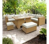 Oseasons Buxton Rattan 9 Seat Rising Firepit Corner Set in Mixed Brown with Taupe Cushions - Mixed Brown - 9 Seat