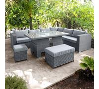 Oseasons Buxton Rattan 9 Seat Rising Firepit Corner Set in Ocean Grey with Grey Cushions