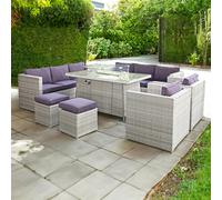 Oseasons Malta Rattan 10 Seat Firepit U-Shape Sofa Set in Sandy White with Deep Purple Cushions - 10 Seat - Sandy White