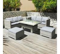 Oseasons Malta Rattan 8 Seat Rising Firepit Corner Set in Dove Grey with 2 Footstools - Dove Grey - 8 Seat