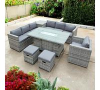 Oseasons Malta Rattan 9 Seat Firepit U-Shape Sofa Set in Mixed Grey with Grey Cushions - 9 Seat - Mixed Grey