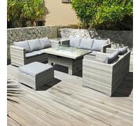 Oseasons Malta Rattan 9 Seat Rising Firepit U-Shape Set in Dove Grey with Footstool - Dove Grey - 9 Seat