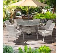 Palmera Rattan Stacking 6 Seat Dining Set in Sandy White with 2.7m LED Parasol and Base Oseasons Off White One Size