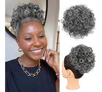 Oseti Curly Grey Hair Bun Messy Bun Synthetic Hair Extensions Clip in Hair Extensions for Women Salt Pepper Large Curly Bun with Drawstring Ponytails with C