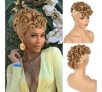 Oseti Mohawk Brown Ponytail Wig for Black Women with Bangs Clip in Hair Extensions Synthetic Hair Wig Curly Afro Hairpiece for Black Women Afr Wigs