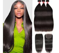 Oshiney Brazilian Straight Human Hair 10A with Closure Straight 4x4 Lace Closure Remy Human Hair 3 Bundles with Closure Natural Black Color