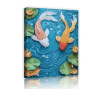 OSHIONARTE 3D Feng Shui Theme Lucky Koi Fish Canvas Wall Art Pond in Summer Lotus Flower Canvas Poster Prints for Living Room Wall Decor 45x60cm Innerframe