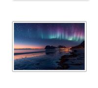 OSHIONARTE Northern Lights Wall Art Coastal Landscape Canvas Art Wall Decor Aurora Borealis Ocean Mountain Scenery Print Poster for Living Room 35x50cm Frameless