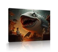 OSHIONARTE Surreal Giant Shark Canvas Wall Art Great White Shark Jumping out of the Wall Canvas Print Creative Fantasy Artwork for Gaming Room 76x101cm Innerframe