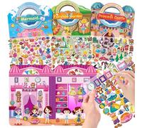 OSIMIG 4 Pack Dress Up Reusable Sticker Books for Girls, 220+ 3D Puffy Stickers for Children Include Princess Mermaid Fairy and Fashion Girl,Travel Airplane Activity Packs for Kids