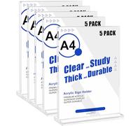 OSIMIG 5 PACK A4 Acrylic Sign Holder, Clear Sturdy Double Sided A4 Display Stand Poster Menu Holder with 10mm Base for Menu, Brochure, Flyer, Poster,Restaurant, Hotel, Office