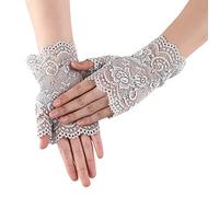 osiuujkw Women Mittens Lace Fingerless Party Gloves Girlfriend Wearable Fashion, Gray