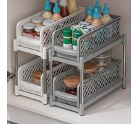 OSKOPWRC Under Sink Organizer and Storage, 2-Tier Pull Out Cabinet Shelves with Slide Out Drawer, Storage Rack for Kitchen and Bathroom, Holds Up to 50 Pounds White M