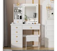 OSKOPWRC Vanity Desk with Sliding LED Lighted Mirror, Makeup Desk Set with 6 Drawer Storage, Touch Control, Cushioned Stool, Dressing Table Set for Bedroom, Dressing Room, Gift for Girls Women White