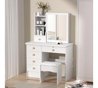 OSKOPWRC Vanity Desk with Sliding Mirror, Modern White Makeup Desk with 6 Drawers, Open Shelves, Bedroom Sleek Dressing Table with Chair for Makeup Storage, Vanity Desk Set Gift for Girls Women White