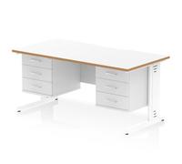 Oslo 1600 x 800mm Scalloped Edge Straight Office Desk White Top Natural Wood Edge White Cable Managed Leg Workstation 2 x 3 Drawer Fixed Pedestal