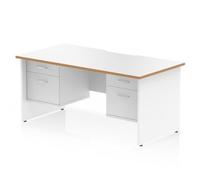 Oslo 1600 x 800mm Scalloped Edge Straight Office Desk White Top Natural Wood Edge White Panel End Leg Workstation 2 x 2 Drawer Fixed Pedestal
